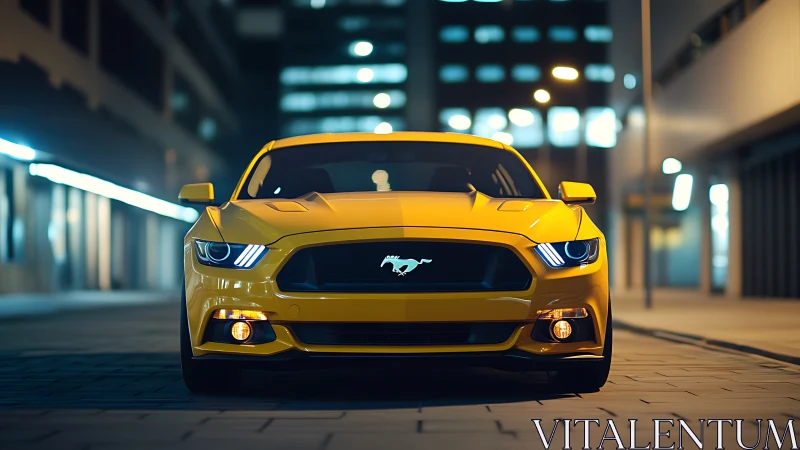 Yellow sports coupe front view on night city street, bokeh lights.