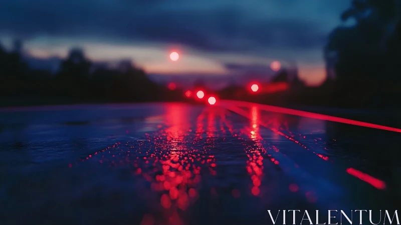 Neon reflections on wet road at dusk in shallow focus.