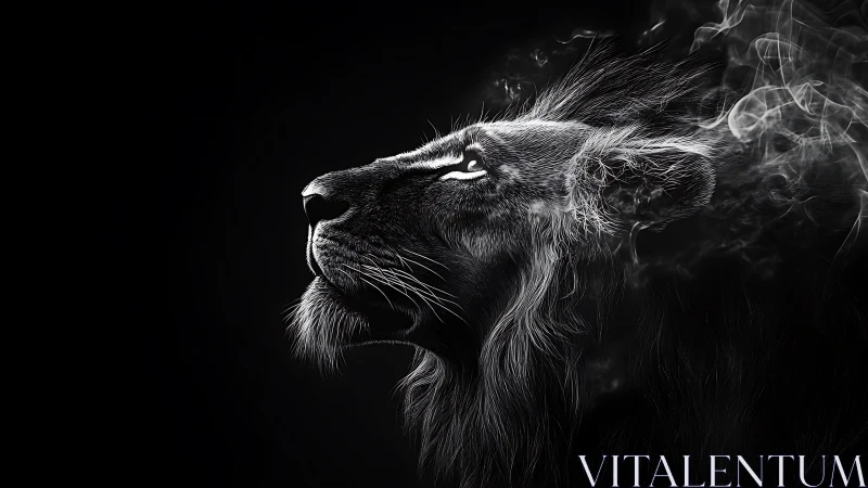 Monochrome lion profile rendered with smoke-like mane dispersion