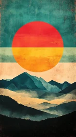 Geometric sun over layered mountain landscape abstraction.
