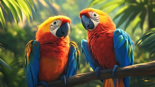 Two Vibrant Macaws on Tree Branch in Lush Jungle, Realistic Art.
