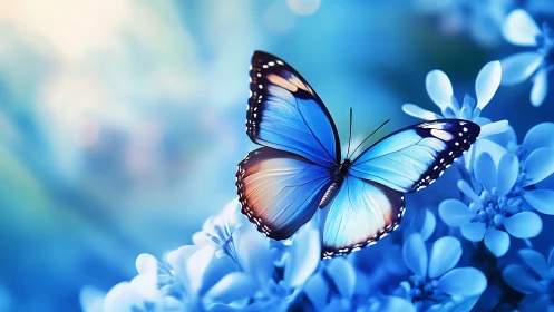 Gentle blue butterfly rests softly among glowing blossoms
