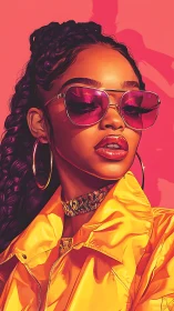 Digital portrait of woman in yellow jacket and sunglasses.
