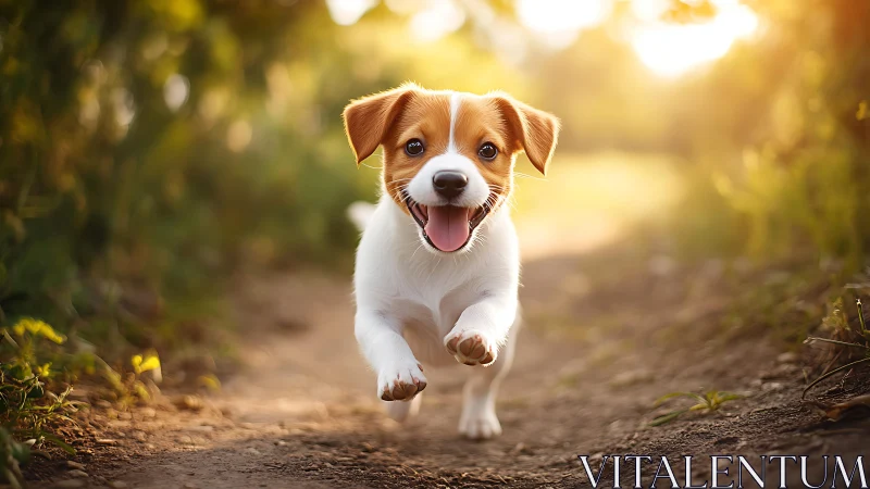 Sunlit puppy rocket races down a glowing garden path.
