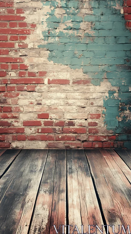 Weathered brick wall and worn wooden floor background.