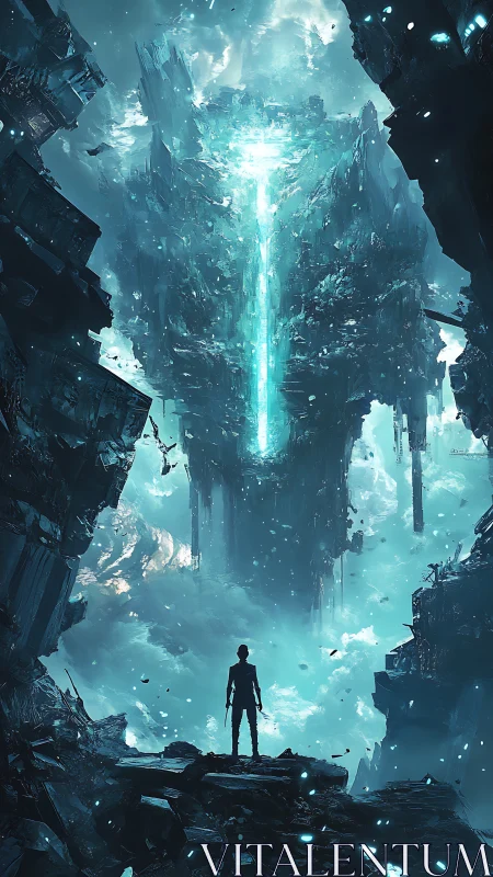 Lone wanderer confronting a sky-suspended techno monolith.