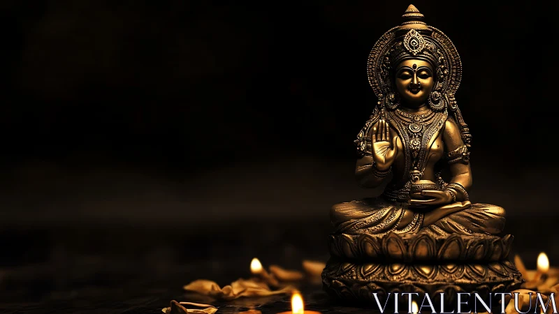 Bronze Lakshmi idol rendered with shallow depth and point lighting