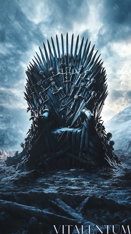 Frozen iron throne sculpture in dramatic cinematic lighting.