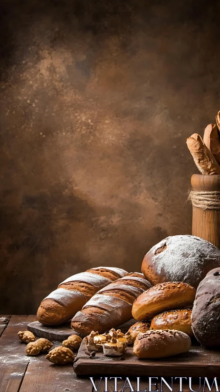 Artisan Bread Display on Rustic Wooden Table.