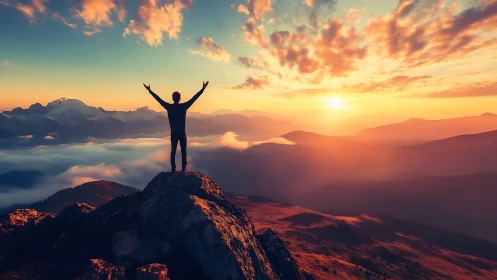 Solitary figure stands on rocky summit observing sunrise
