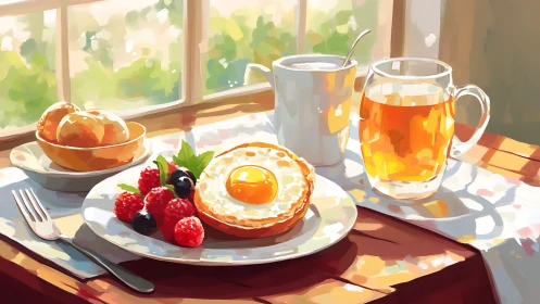 Sunlit country breakfast still life by bright window frame.