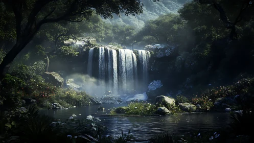 Sunlit forest waterfall cascades into tranquil reflective pool