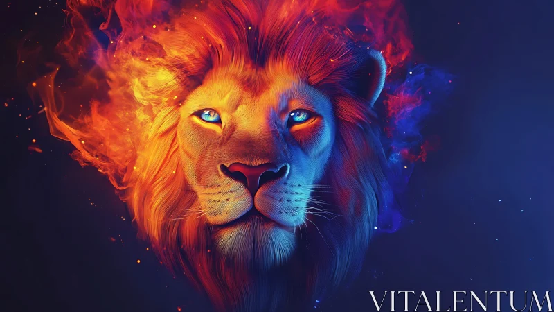 Fiery lion portrait glows in cosmic neon embers of night