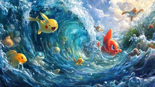 Playful aquatic creatures swirl through dynamic ocean waves.