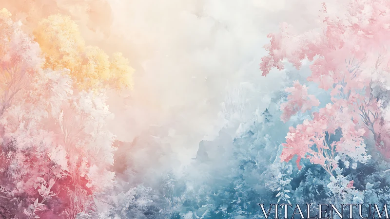 Pastel dream forest drifts through misty watercolor light.