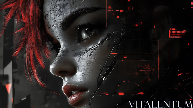 Cybernetic woman’s profile glows amid red digital shards.