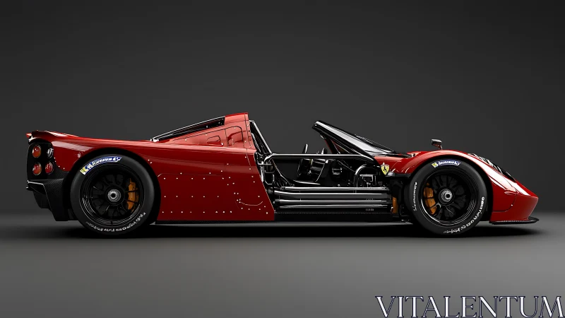 Red track-ready supercar reveals exposed racing chassis profile.