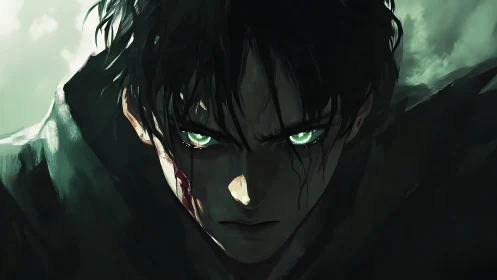 Storm-lit gaze of a wounded warrior in green shadows.