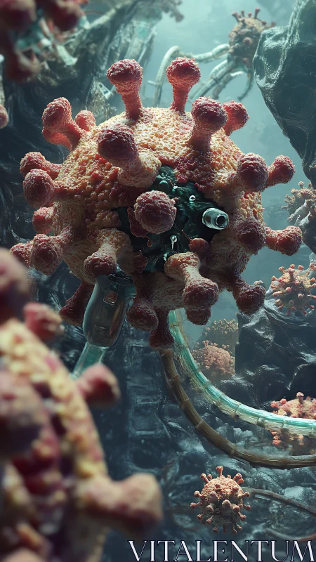 Mechanical virus hybrid in a dark microscopic tunnel scene.