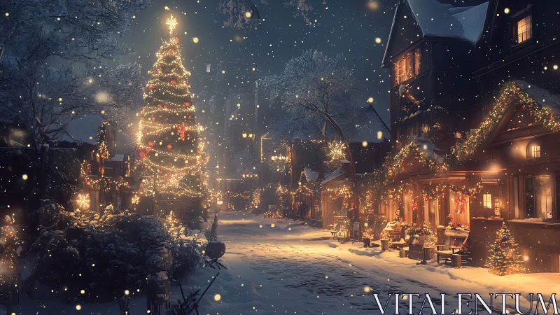 Snowy village street under glowing Christmas tree lights.