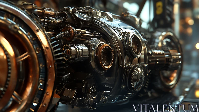 Futuristic metallic engine core with complex tubing detail.