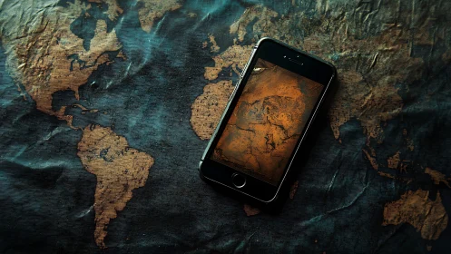 Smartphone on vintage world map with textured cartography overlay