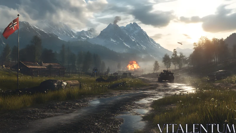 Armored convoy in mountain valley with distant explosion.