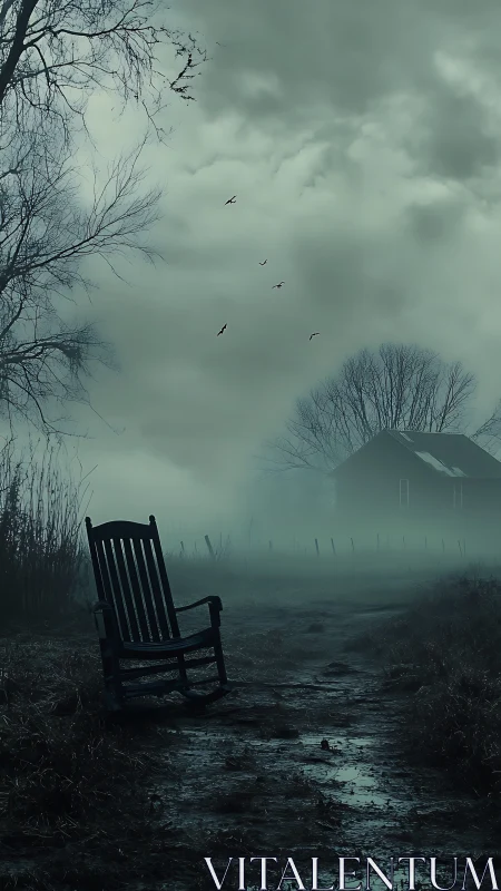 Lonely rocking chair on a misty path by a quiet farmhouse.