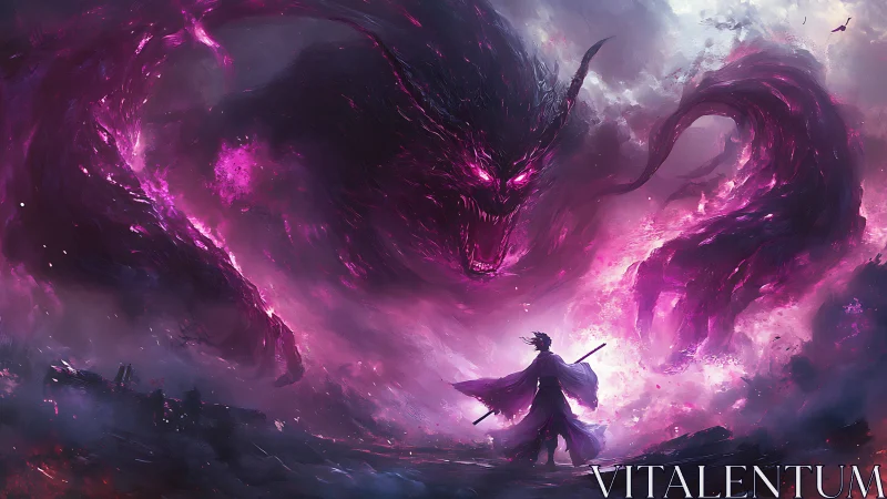 Warrior confronts colossal violet shadow dragon spirit.