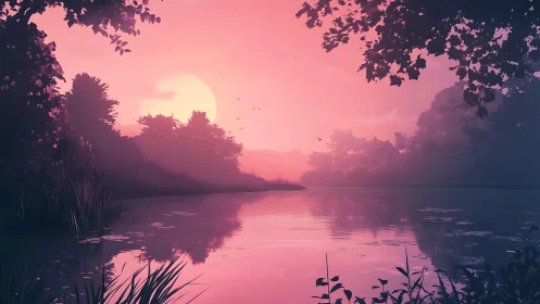 Digital painting sunset over tranquil reflective lakeside grove.