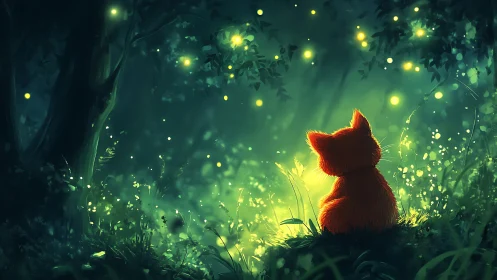 Soft fox watches glowing fireflies in a dreamy night forest