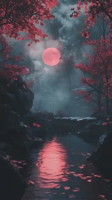 Crimson moonlit ravine reflects saturated red spectral glow