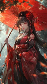 Crimson parasol shelters a silent shrine garden sorceress