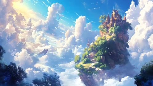 Skyward citadel crowns sunlit cliff amid radiant clouds.
