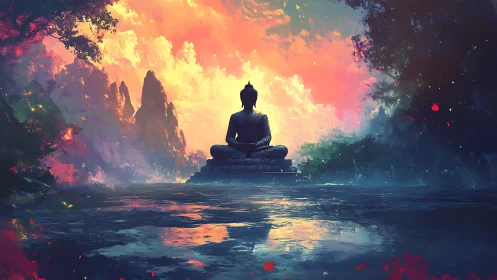 Meditating Buddha rests amid radiant ethereal sunrise clouds.