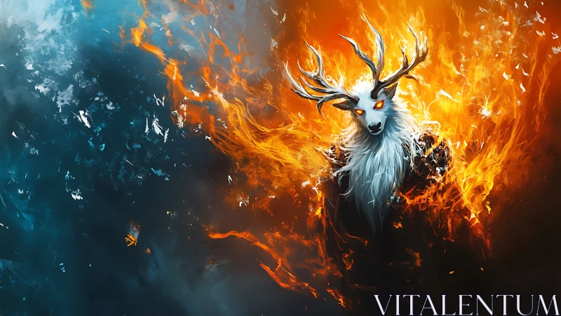 Elemental cervine wraith framed by bifurcated firestorm field.