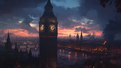 Dramatic sunset over Big Ben rendered in cinematic digital painting