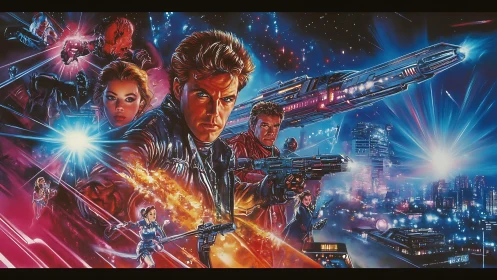 Retro sci fi heroes with starships and neon city backdrop.