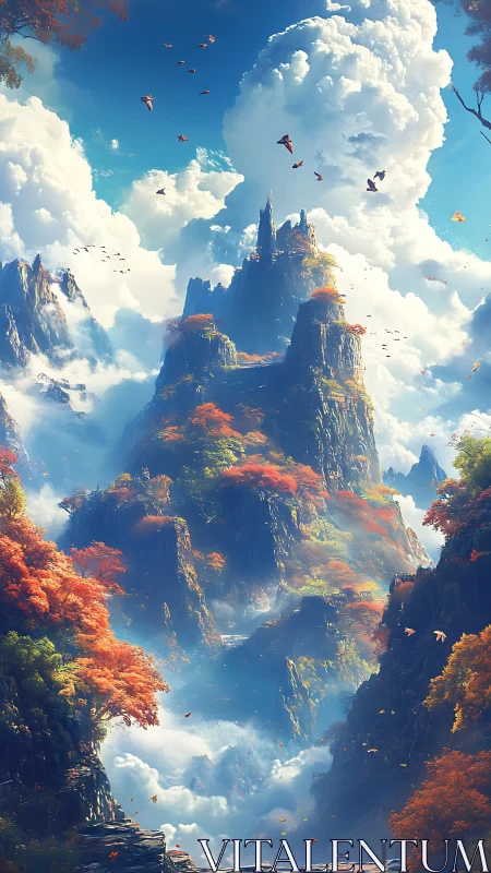 Layered mountain spires with clouds and autumn foliage.
