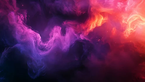 Shimmering cosmic clouds swirl in radiant purples and golds