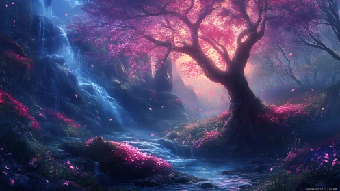 Luminescent cherry tree dominates an ethereal waterfall glade