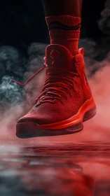 Red performance sneaker floats through dramatic game-ready smoke.