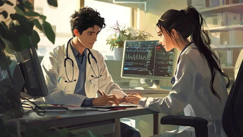 Two doctors review patient data on dual medical monitors