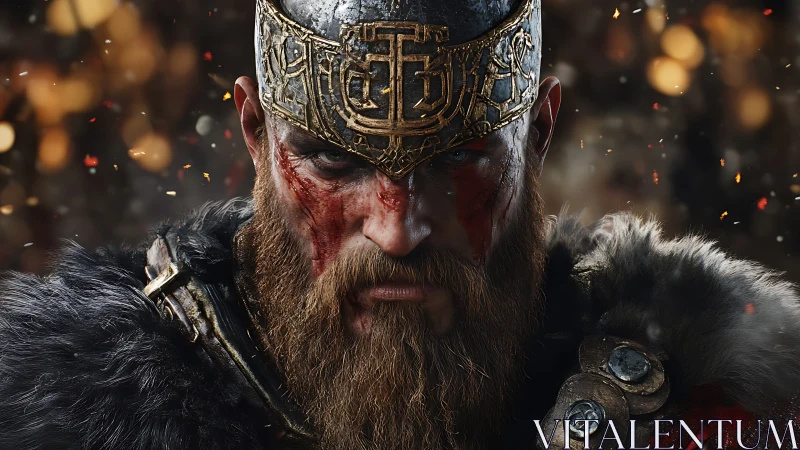 Battle-hardened Norse warlord in ornate metal crown.