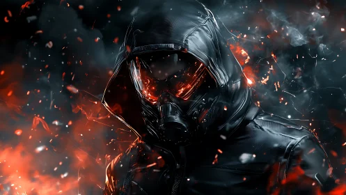 Masked cyber warrior stands amid burning digital embers.