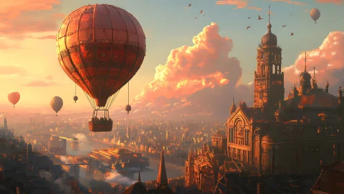 Crimson airship drifts above sunlit steampunk cityscape.