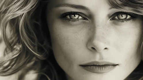 Monochrome close portrait of young woman with reflective gaze