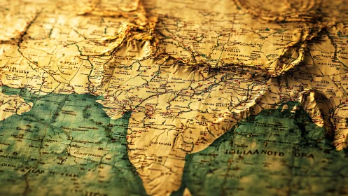 Relief-animated vintage map of India with raised topographic folds
