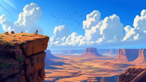 Sunlit canyon wanderers greet a cloud-bright desert sky.