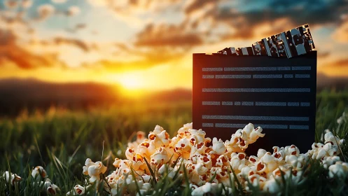 Popcorn and film clapperboard arranged on grass at sunset